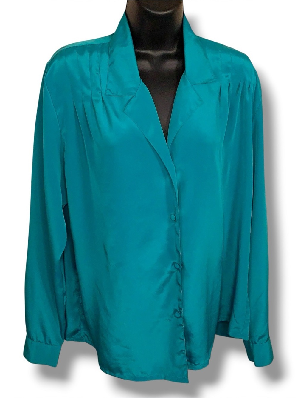 Vintage Size 10 Worthington Teal Satin Blouse Long Sleeve Button Up Retro Luxury